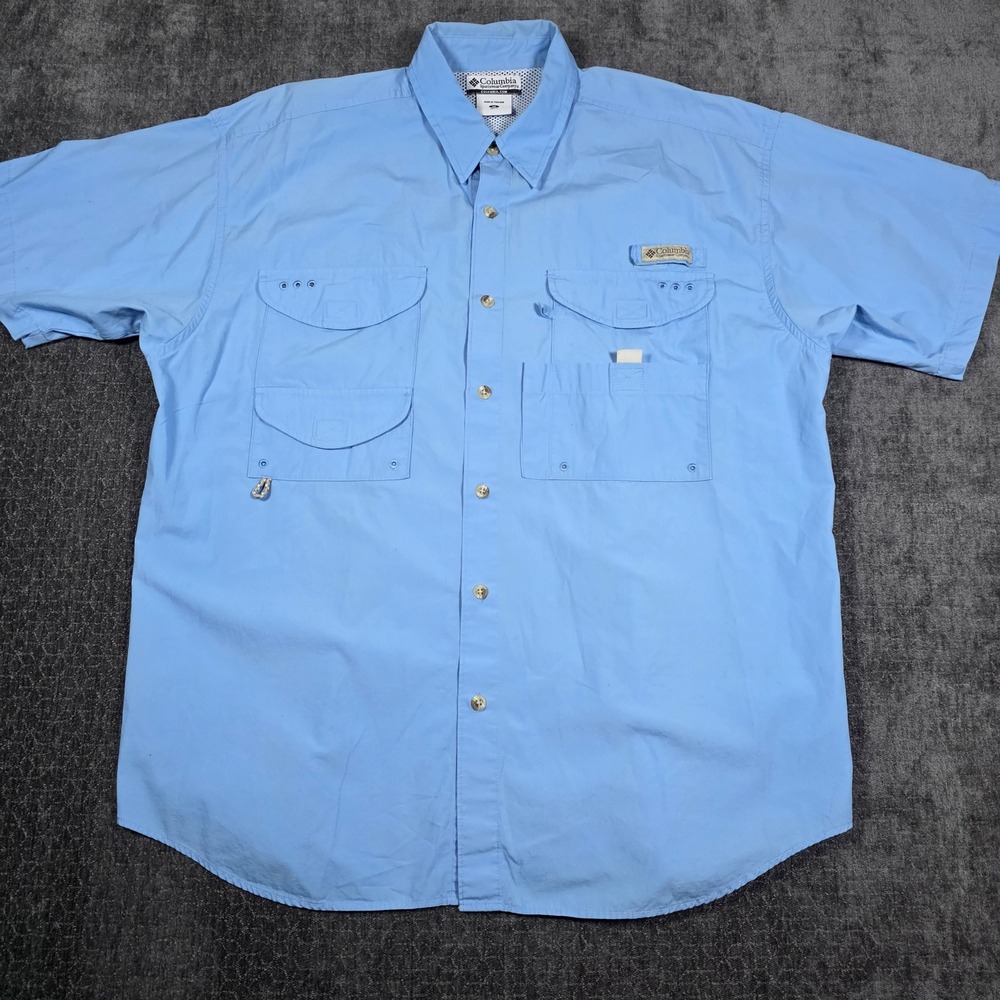 Vtg Columbia PFG Fishing Shirt Mens Medium Blue Short Sleeve Cotton Vented M